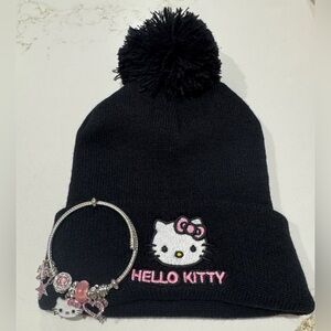 Hello Kitty Black Knit Hat with Matching Charm Bracelet